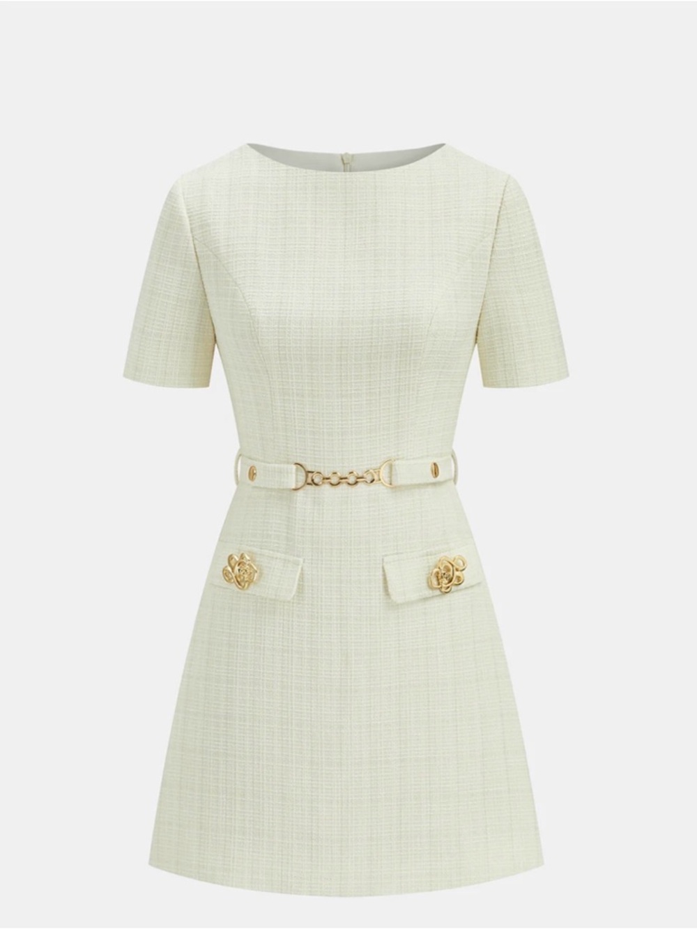 Metal Detail Tweed Belted Mini Dress with Gold Chain Detail - Picture 3 of 7